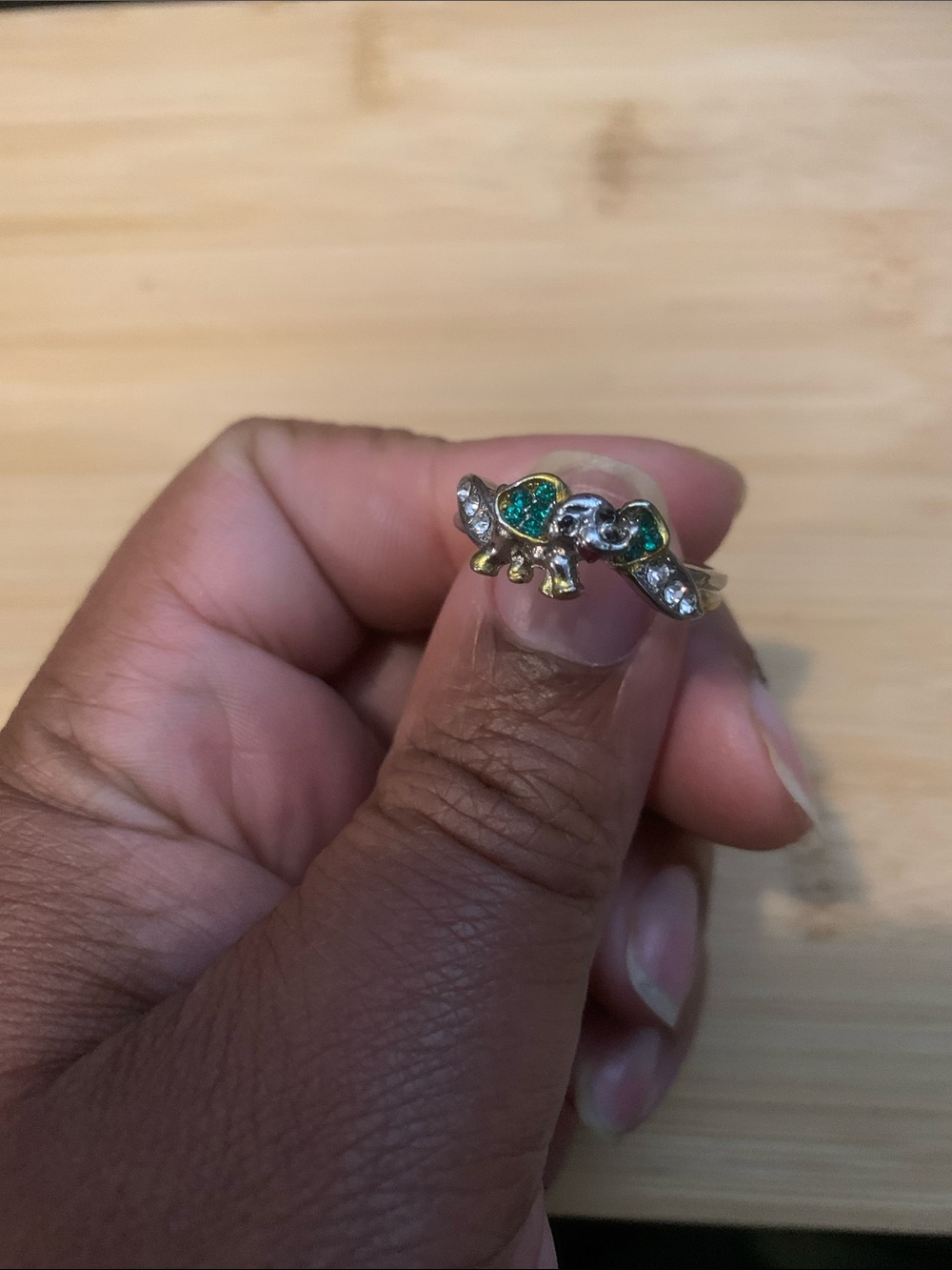 Gold and Silver Elephant Ring with Green and Clear Accents